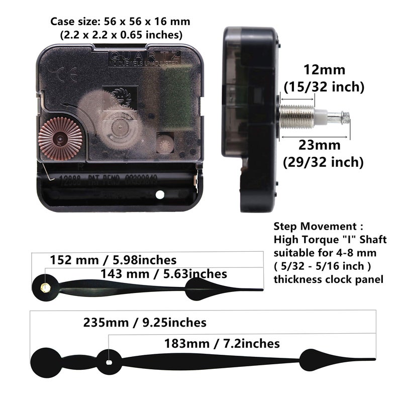 TIKROUND Youngtown 12888 High Torque Quartz Clock Movement Replacement Parts with 235 mm / 9.25 Inch Long Spade Hands - Image 2